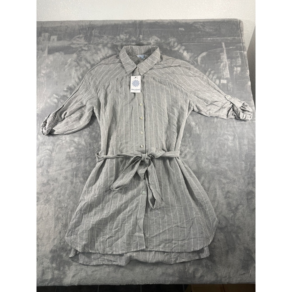 Blue Island Beach‎ Gray Striped Shirt Dress Roll Tab Sleeve Belted XL NWT
